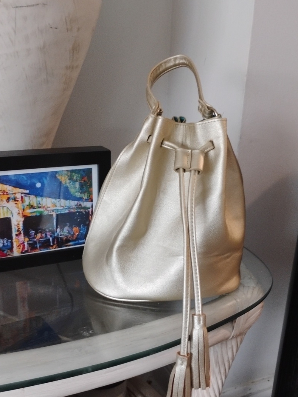 Metallic Gold Drawstring Bucket Handbag